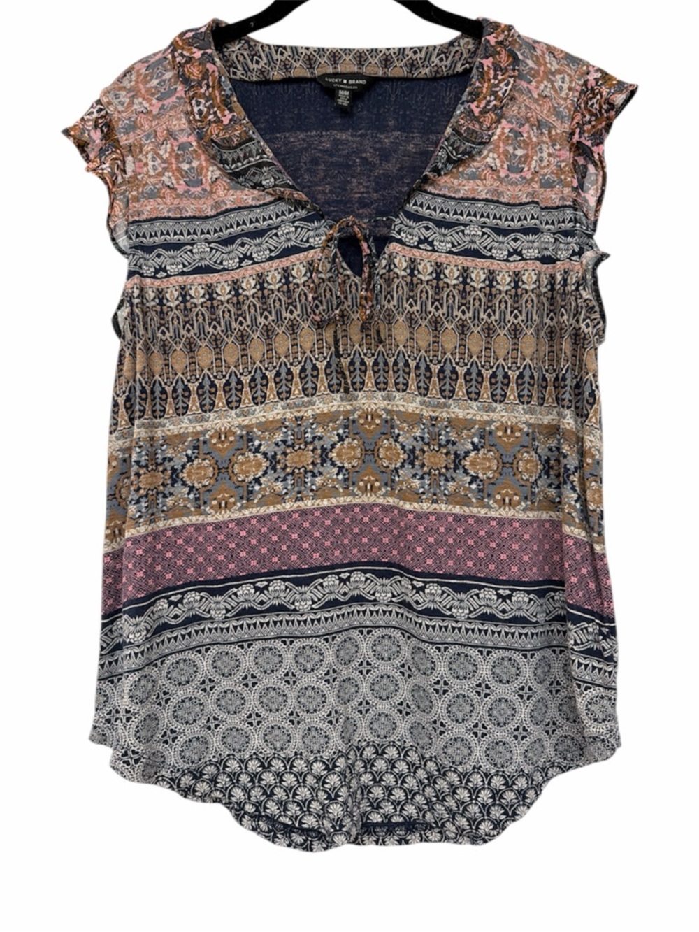 Lucky Brand Boho style Blue with mixed prints, sheer ruffles and tie front